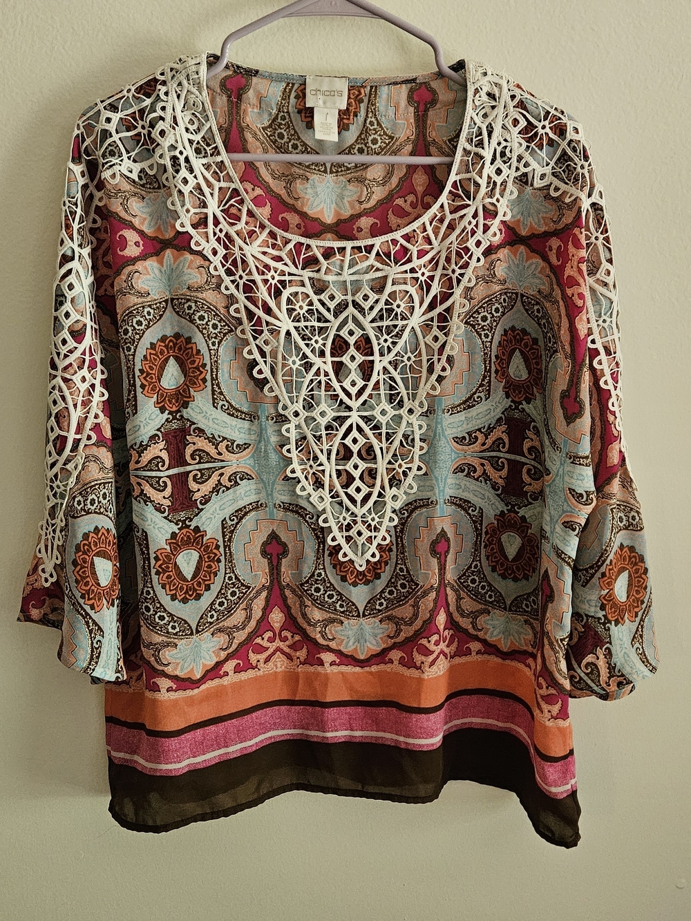 Chico's Tunic/Top with Crochet Detail. Summer Vacation, Wedding, Festival,Trendy